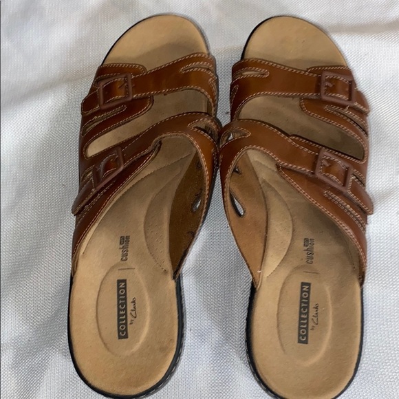 Clarks Wo size 12 Brown Leather Comfort Sandals. FAUX BUCKLE HOOK LOOP STRAPS - Picture 1 of 14